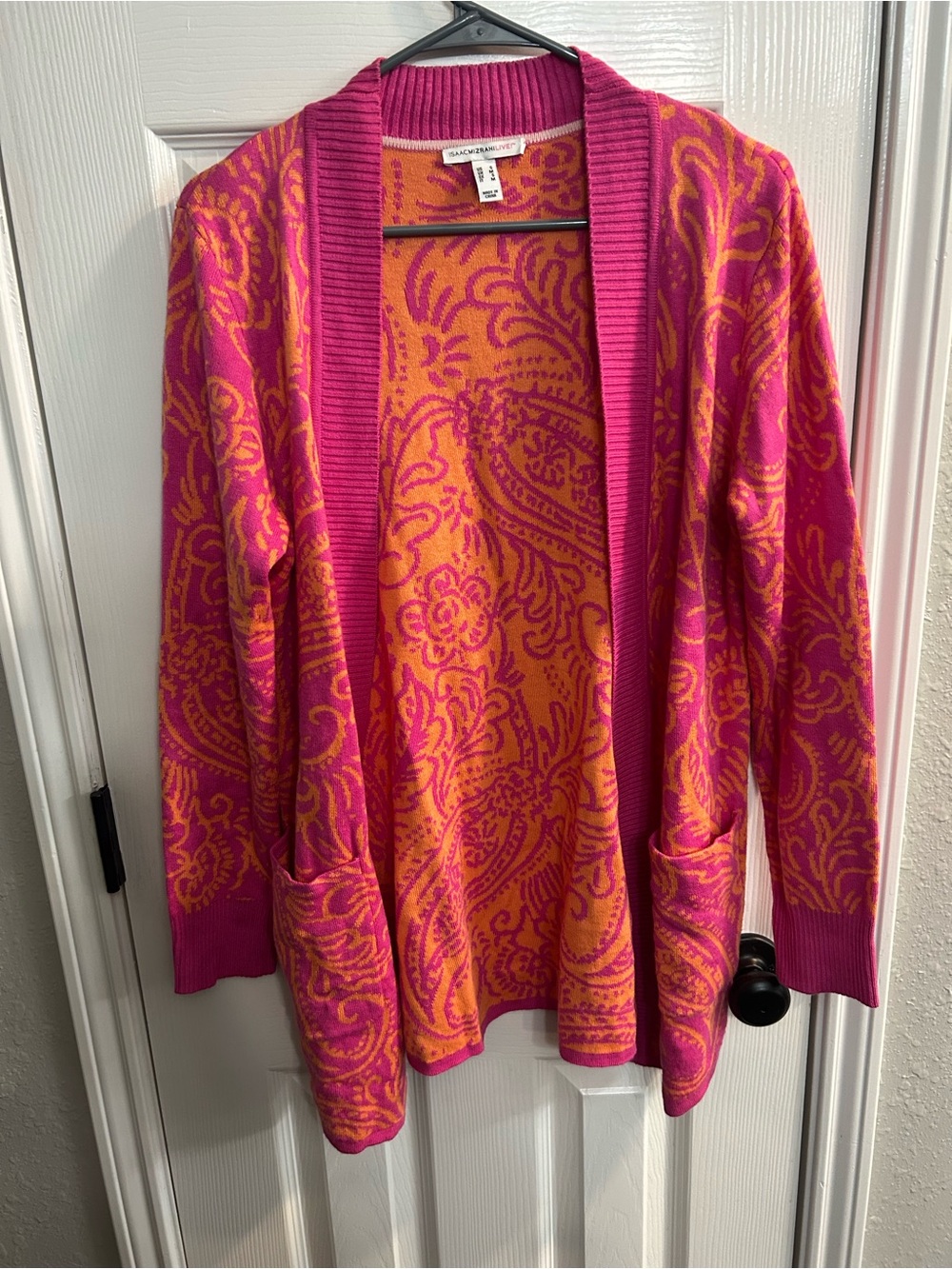 Isaac Mizrahi Paisley Double Knit Jacquard Cardigan Pink Orange Size Small